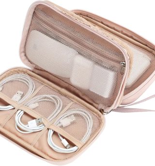 NISHEL Travel Cord Organizer Case, Double Layers Tech Electronic Bag, Essentials for Charger, Cable, Phone, Flash drive, Pink